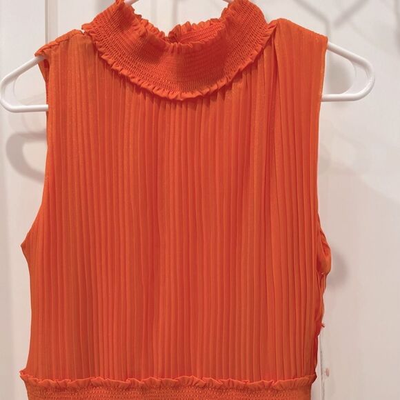 Nanette Lepore Smocked High Neck Pleated Dress in Vivid Coral.Size 12 - Picture 9 of 15